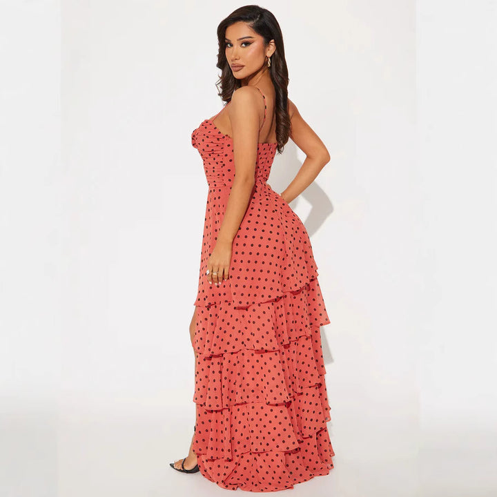 Damen Verspieltes Polka-Dots Maxikleid mit asymmetrischem Rock und floralen Akzenten Echo Archiv