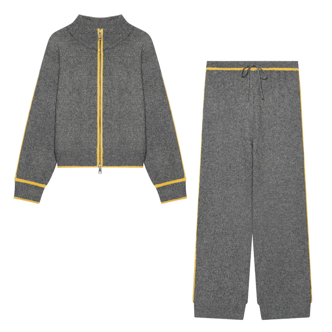 Damen Kuschel-Strickset mit Reißverschluss-Cardigan, Stehkragen und weiter Strickhose Echoarchiv