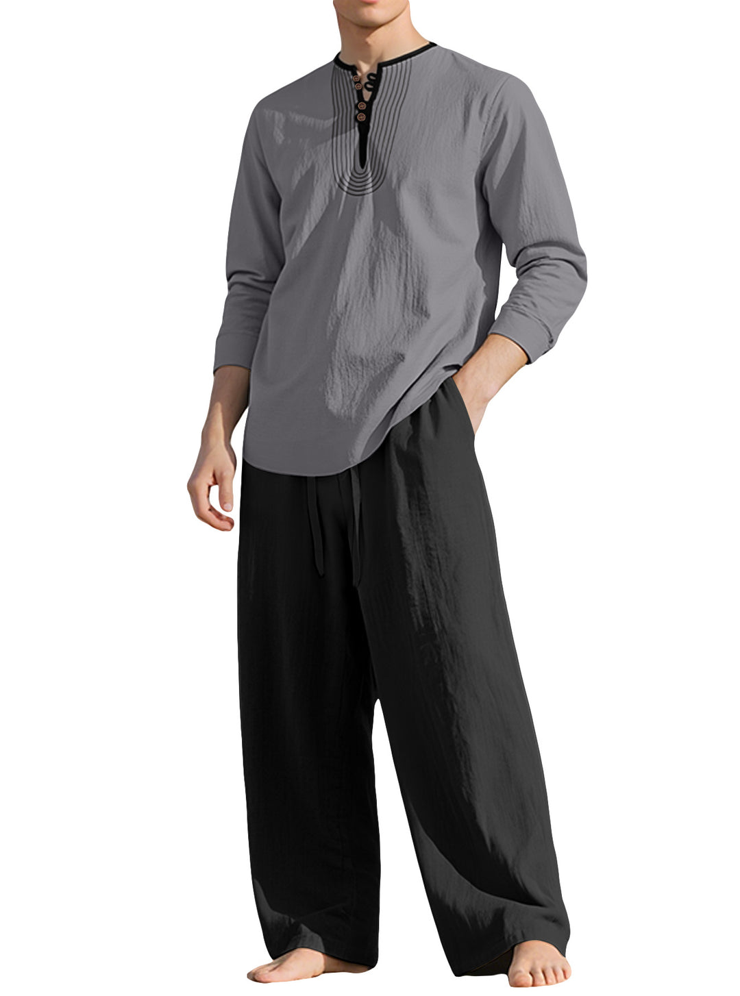 Herren nan Tunika- und Palazzohose-Set mit Henley-Blende, Zierstickerei und weitem Schnitt Echo Archiv