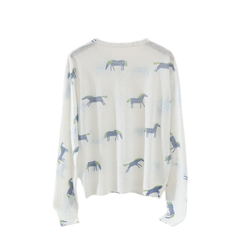Damen Fein gestrickter Knopfcardigan mit Pferde-Print und Rundhalsausschnitt Echo Archiv