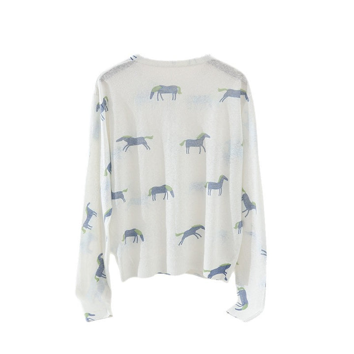 Damen Fein gestrickter Knopfcardigan mit Pferde-Print und Rundhalsausschnitt Echo Archiv