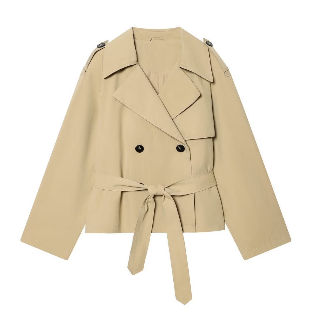 Damen Kurz geschnittener Trenchcoat mit Taillengürtel und Schulterklappen Echo Archiv