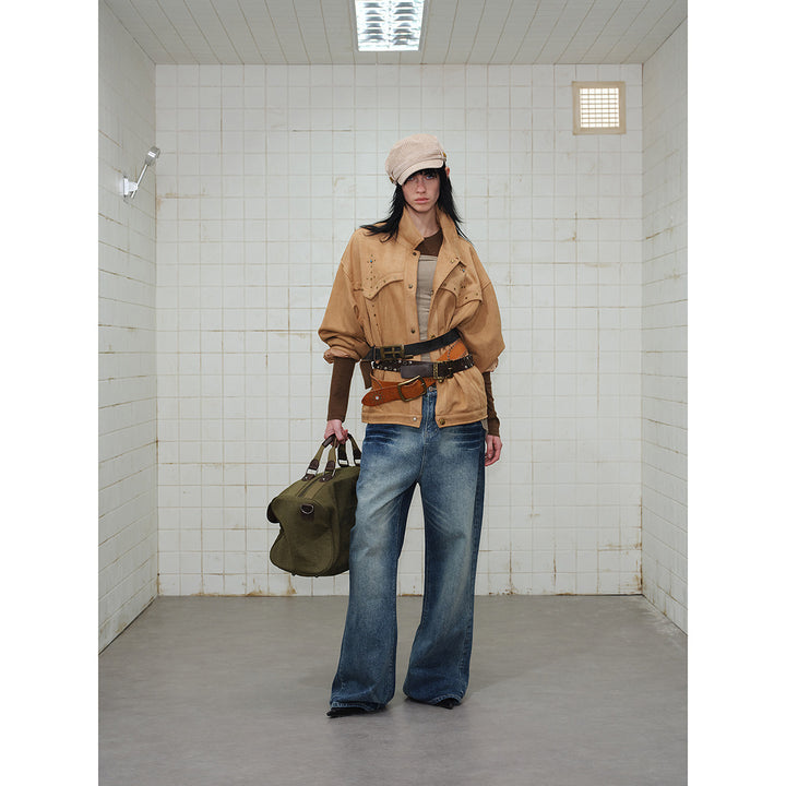Damen Kurz geschnittene Wildleder‑Optik Blousonjacke mit Western‑Yoke und Nietenapplikation Echoarchiv