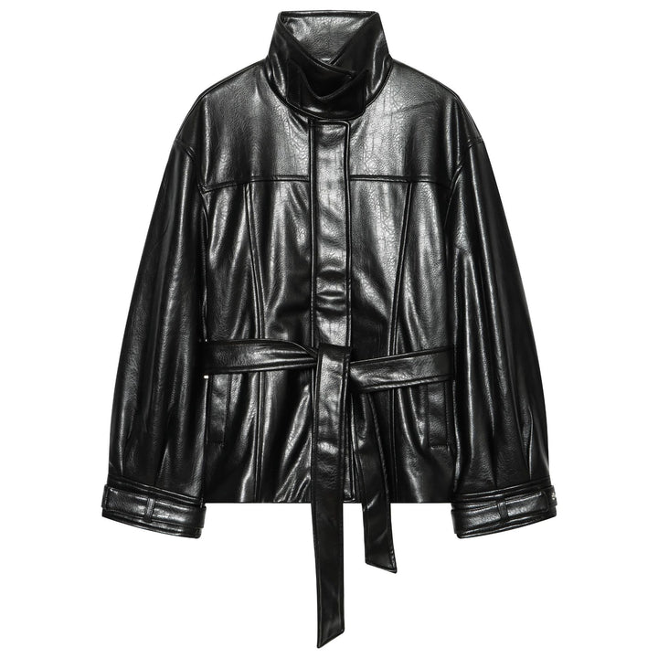 Damen Glänzende Kunstleder‑Blousonjacke mit hohem Funnelkragen und Taillengürtel Echo Archiv