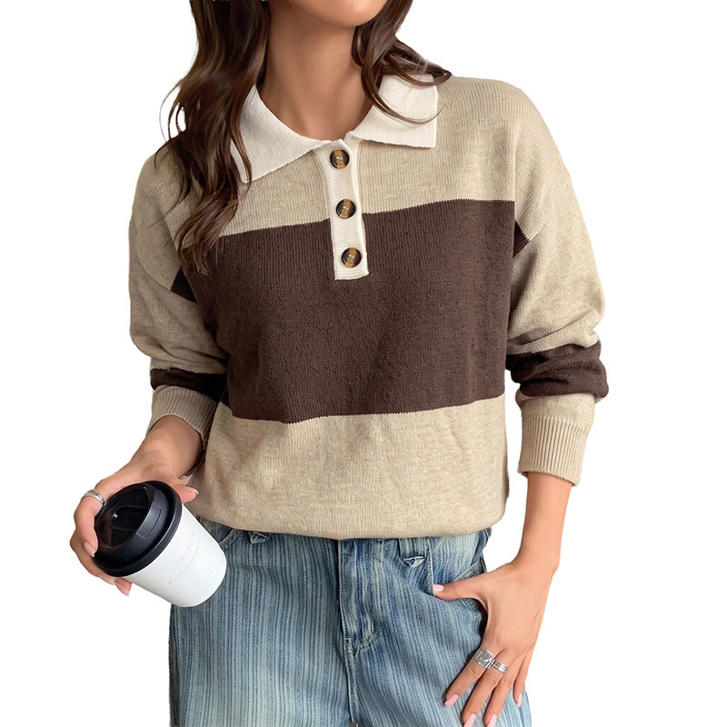 Damen Gestreifter Feinstrick-Polo mit Knopfblende und lockerer Passform – Mavelle