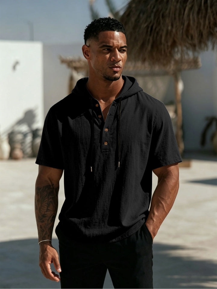 Herren Kurzarm-Hoodie-Henley aus Leinenoptik mit Knopfleiste – Cavarno