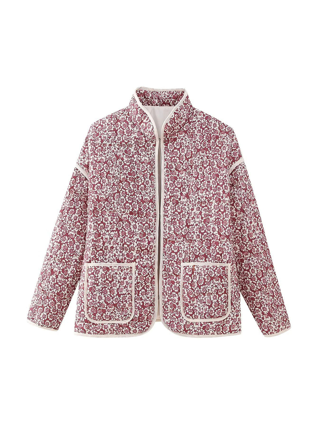 Damen gesteppte Blumenjacke mit Stehkragen Reißverschluss und aufgesetzten Taschen – Célinea