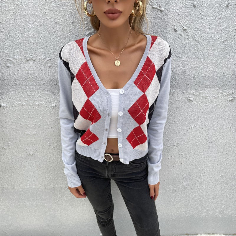 Damen Leichter Kurzcardigan mit Rautenmuster, V-Ausschnitt und Knopfleiste Echoarchiv