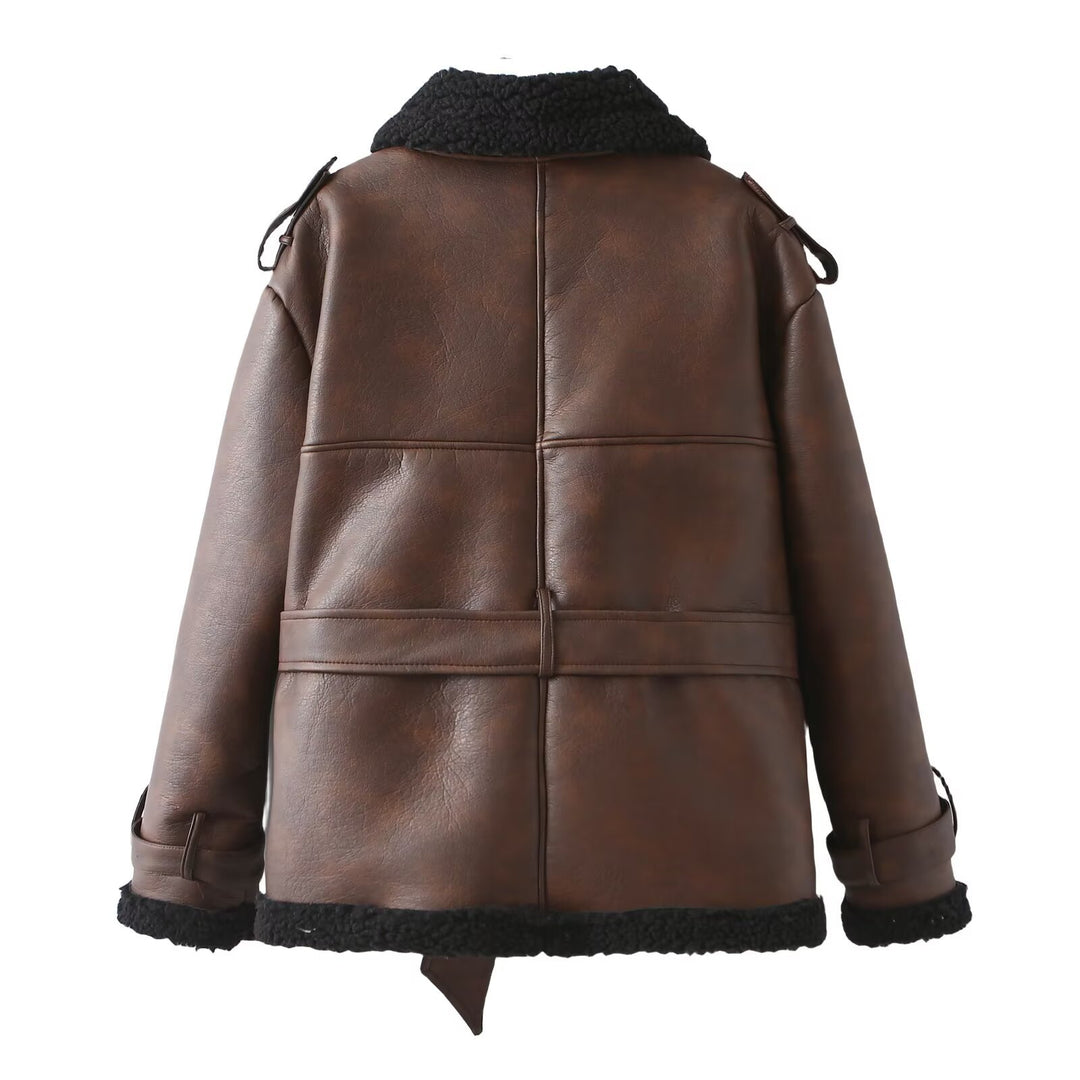 Damen Taillierter Aviator-Mantel aus Kunstleder mit Teddyfutter und Bindegürtel Echo Archiv