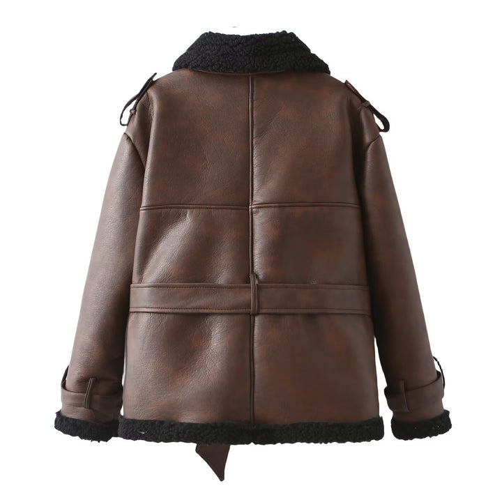 Damen Taillierter Aviator-Mantel aus Kunstleder mit Teddyfutter und Bindegürtel Echo Archiv