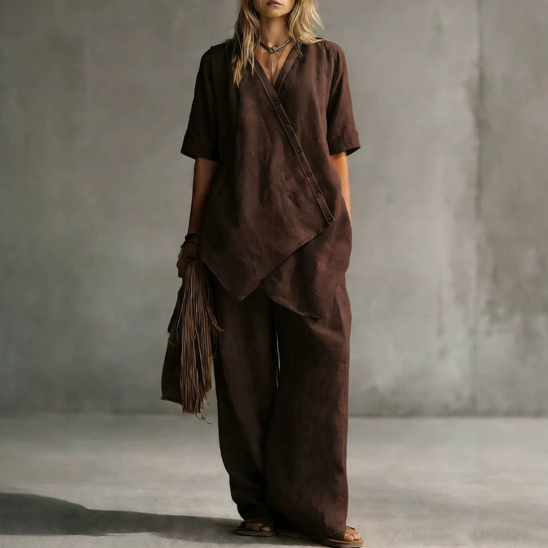 Damen Leinen-Zweiteiler mit asymmetrischer Knopfleiste und weiter Palazzo-Hose – Élanora