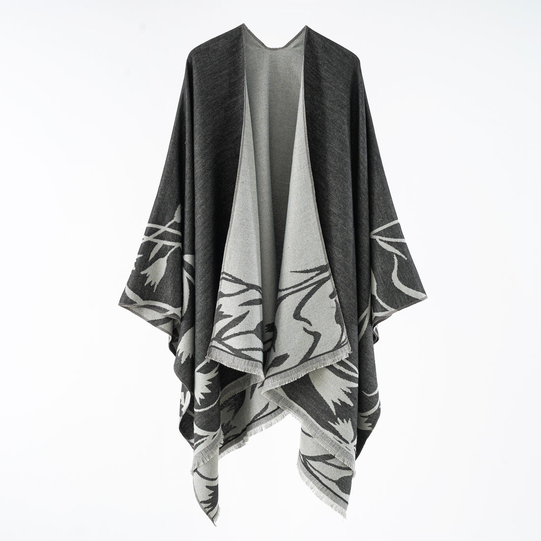 Damen Edler Wendbarer Ruana-Überwurf im Double-Face Wollmix mit floralem Jacquard – Avérine