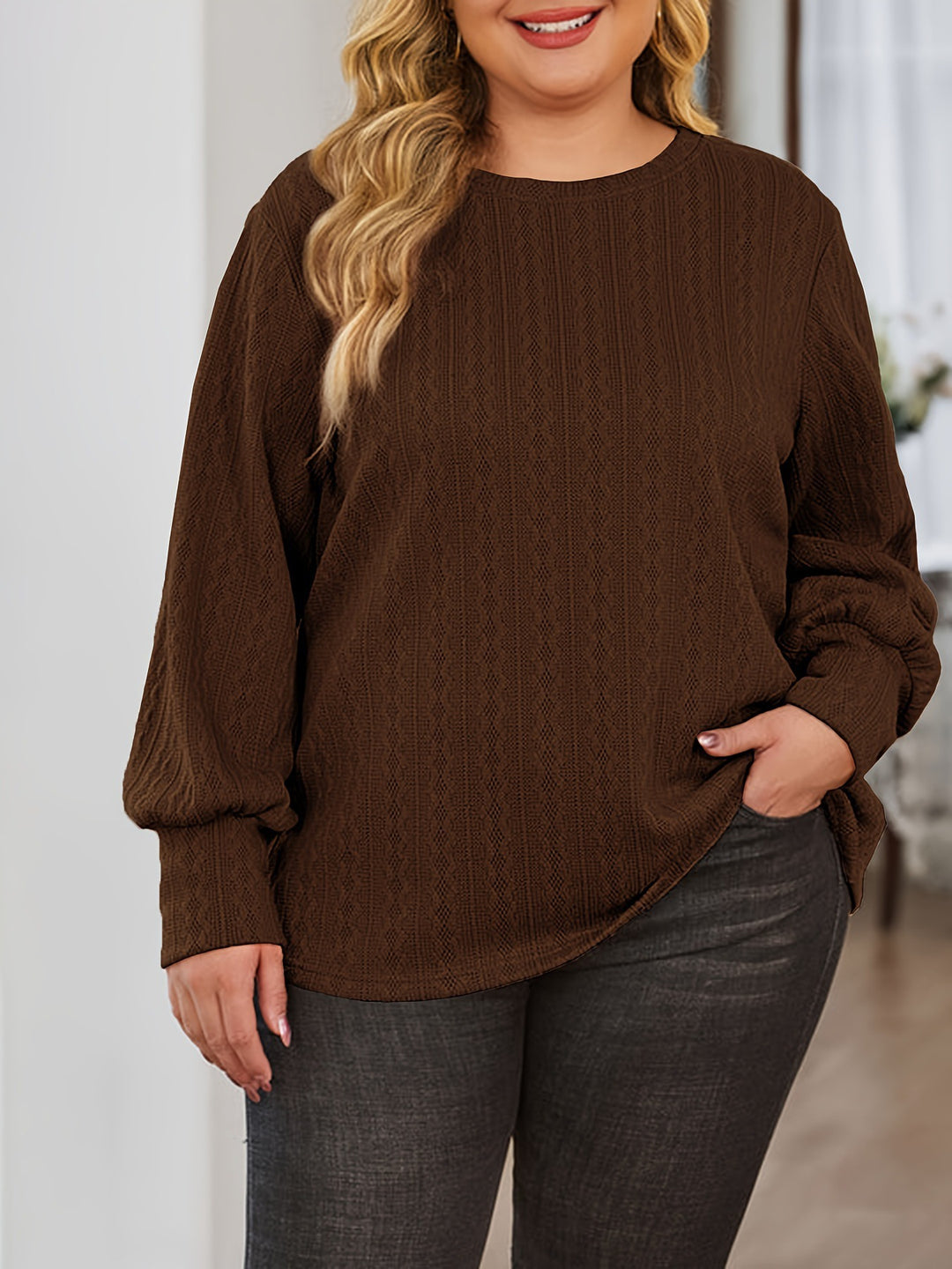 Damen Texturierter Oversize-Strickpullover mit Rundhalsausschnitt und Ballonärmeln Echoarchiv