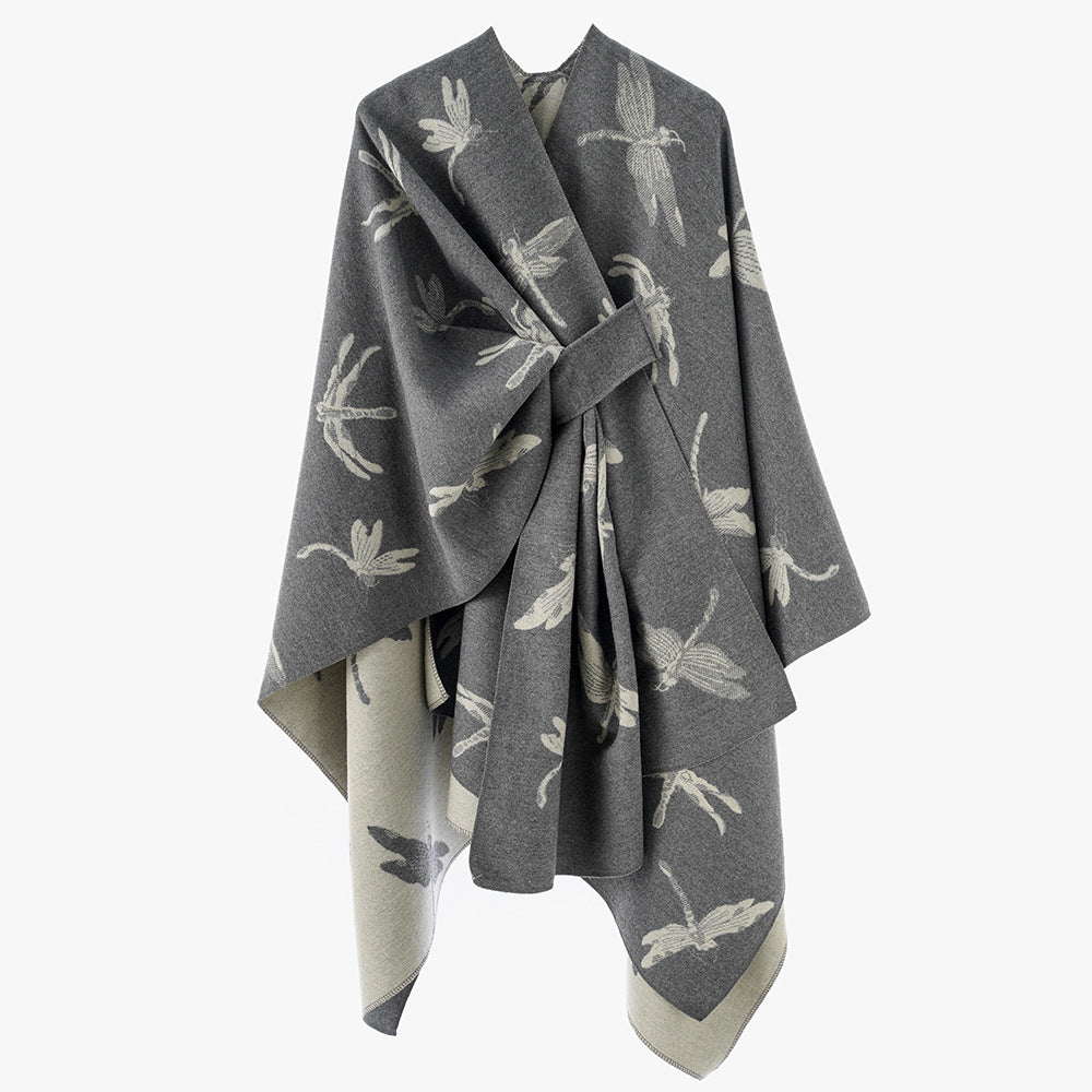 Damen Kaschmirähnlicher Jacquard‑Cape mit Libellen‑Motiv und Bindegürtel – Avérine