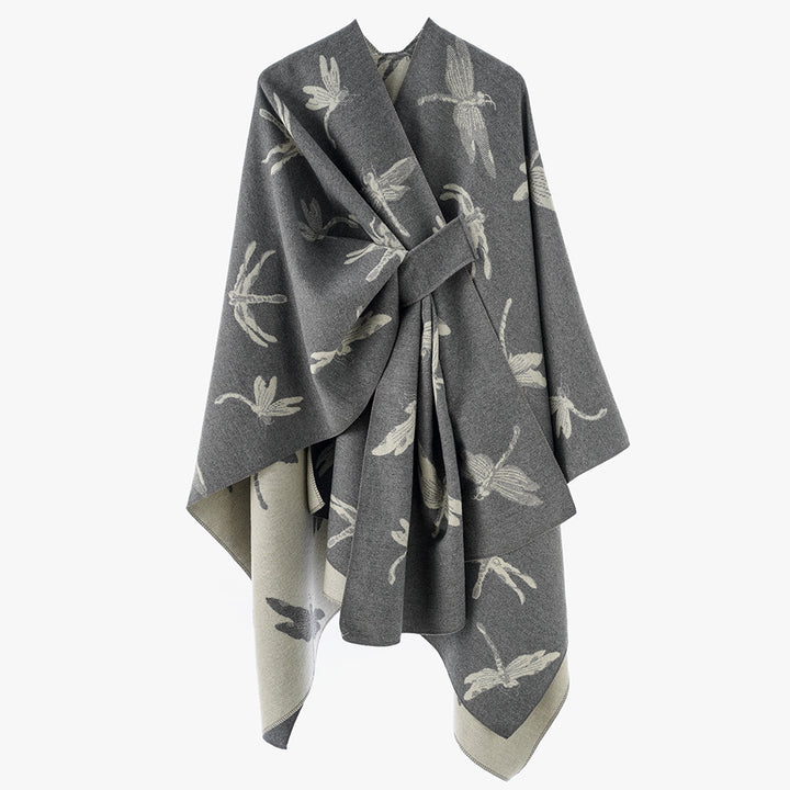 Damen Kaschmirähnlicher Jacquard‑Cape mit Libellen‑Motiv und Bindegürtel – Avérine