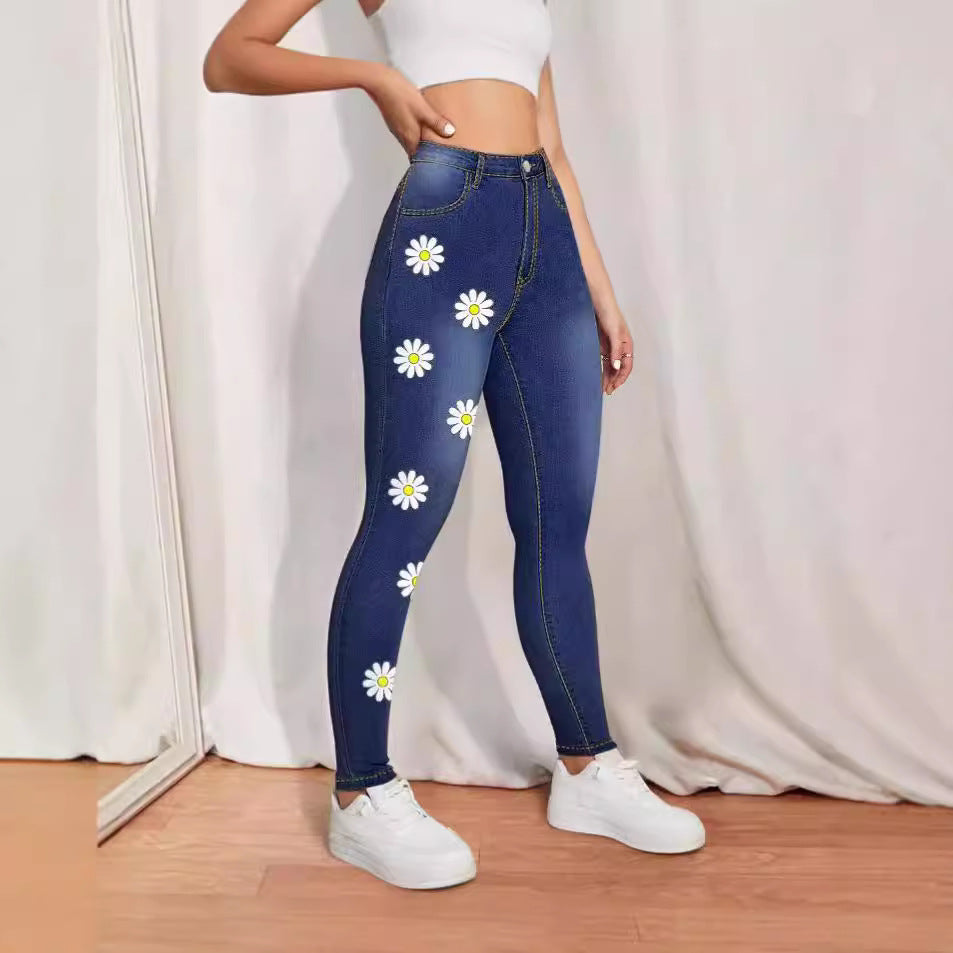 Damen High-Waist Skinny-Jeans mit aufgedruckten Margeriten und figurformendem Stretch Echo Archiv