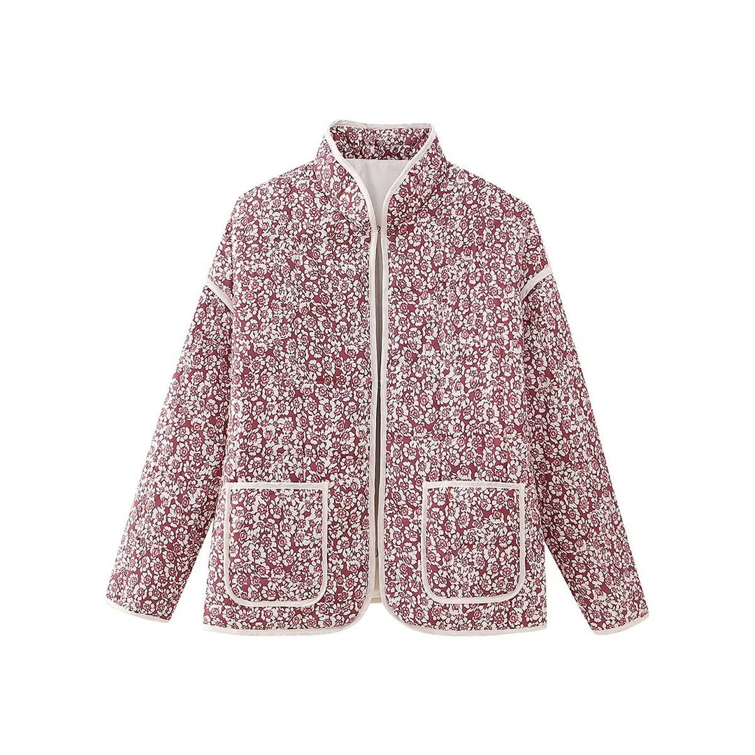 Damen gesteppte Kurzjacke mit floralem Allover-Print, leichter Wattierung, Stehkragen und aufgesetzten Taschen – Célinea