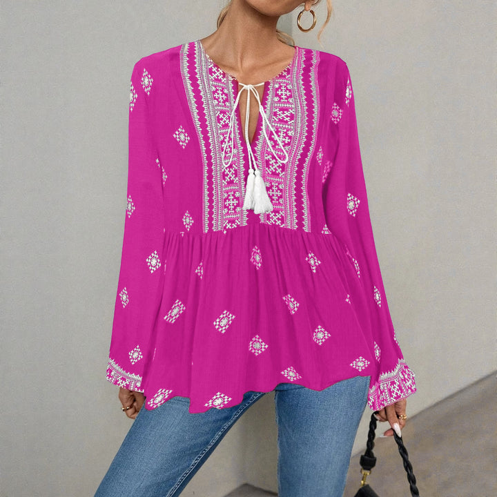 Damen Bestickte Boho-Tunika-Bluse mit Quastenbändern und stufigem Saum Echo Archiv