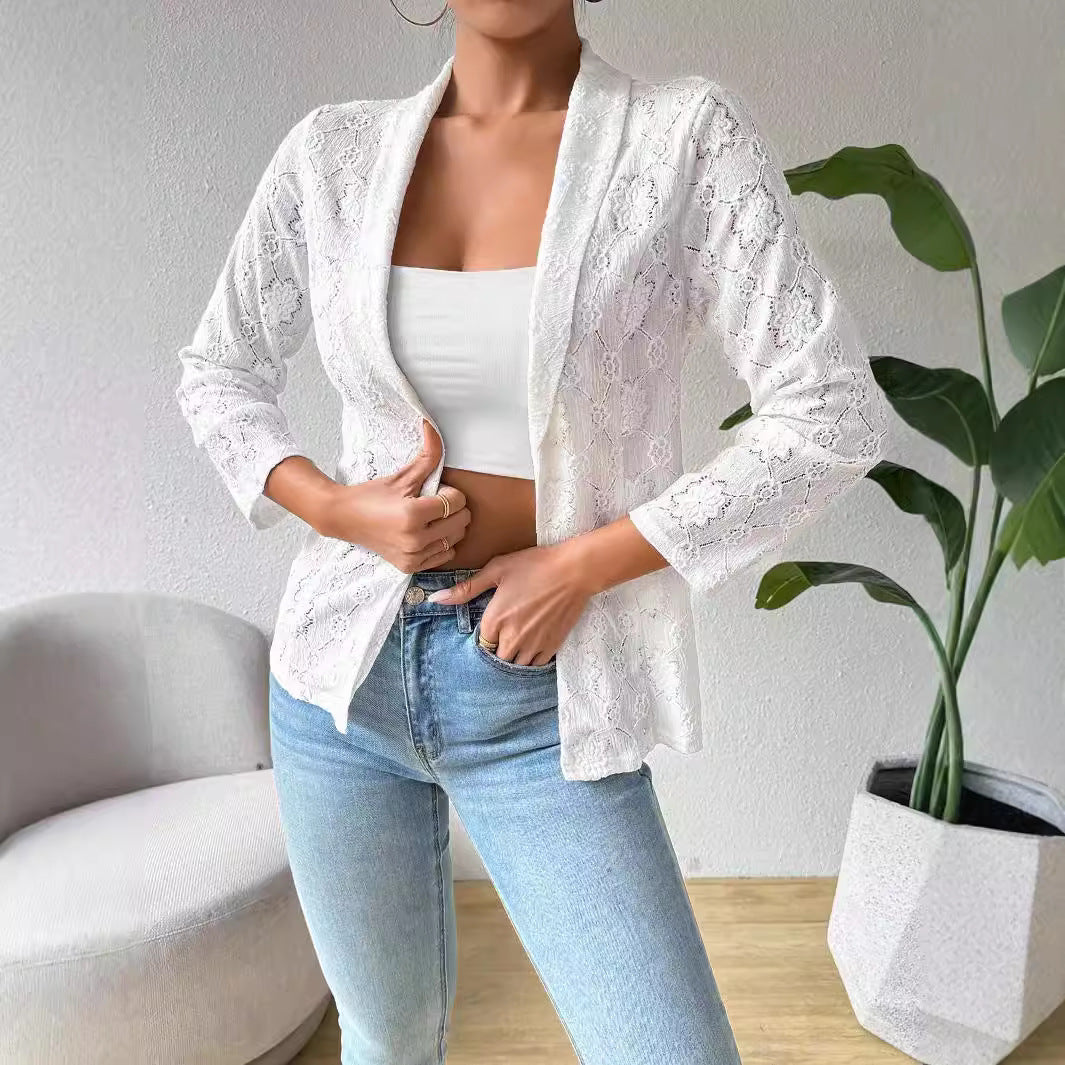 Damen nan transparenter Spitzenblazer mit Schalkragen und dreiviertellangen Ärmeln Echo Archiv