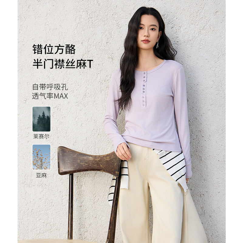 Damen Langärmeliges Henley-Shirt aus feinem Jersey mit dekorativer Knopfleiste Echo Archiv