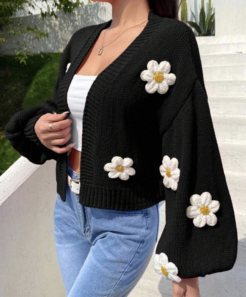Damen Cropped-Cardigan aus Baumwollmix mit 3D-Blütenapplikationen – Veloura