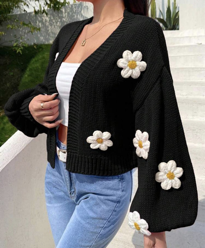Damen Cropped-Cardigan aus Baumwollmix mit 3D-Blütenapplikationen – Veloura