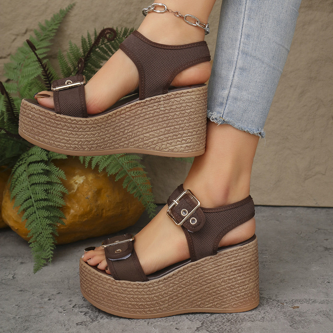 Damen nan Espadrille-Plateau-Sandalette mit textilen Riemen, großen Metallschnallen und gepolstertem Komfortfußbett Echo Archiv