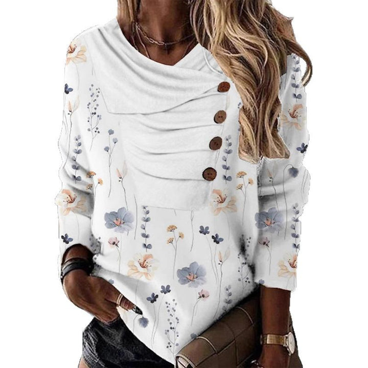Damen Langärmliges Blumen-Sweatshirt mit asymmetrischem Drapékragen und Zierknopfleiste – Avérine