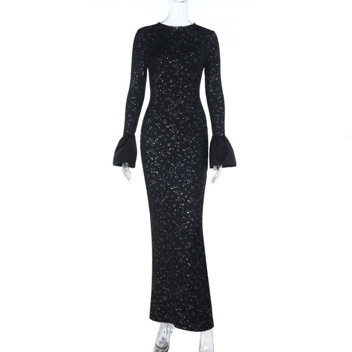 Damen Figurbetontes Abend-Maxikleid mit Glitzerprint und Glockenärmeln – Avérine