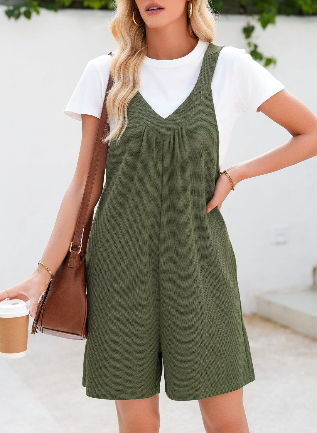 Damen Ärmelloser Waffel-Shorts-Overall mit V‑Ausschnitt und Eingrifftaschen – Solévia