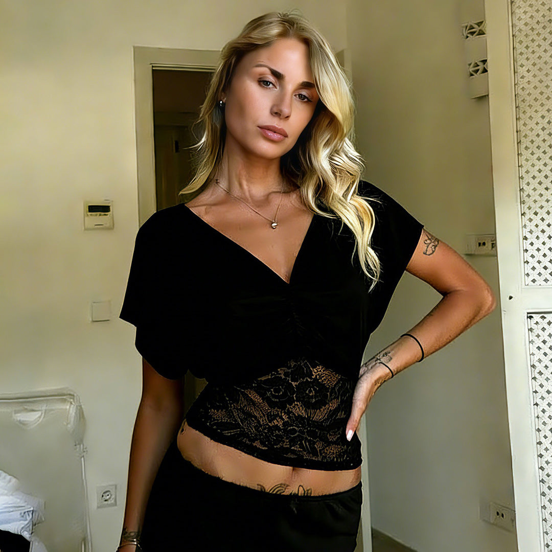 Damen elegantes Oberteil mit Spitze und Raffung Echo Archiv