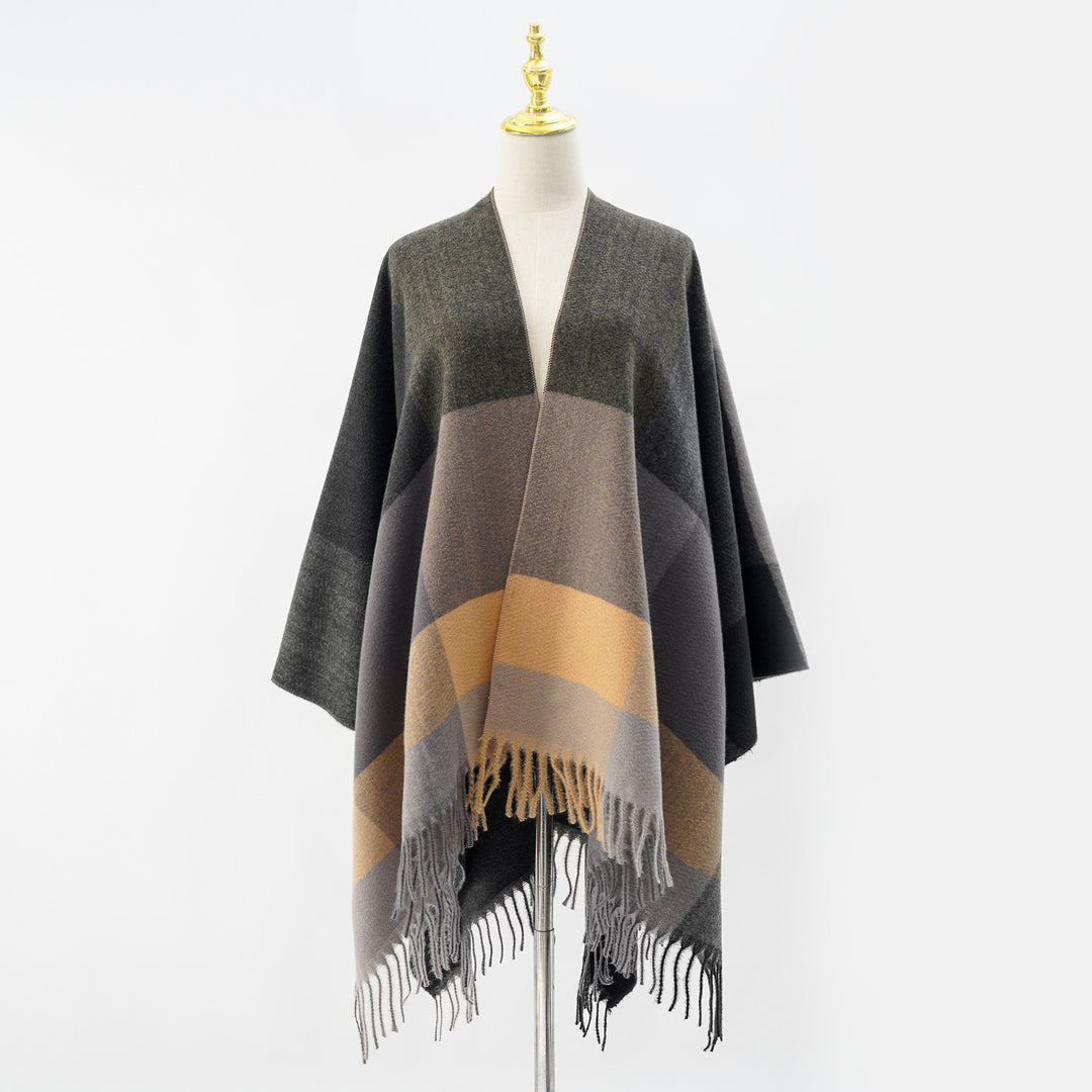 Damen Weiches Oversize-Cape aus Wollmischung mit großem Blockmuster und Fransensaum – Montévia