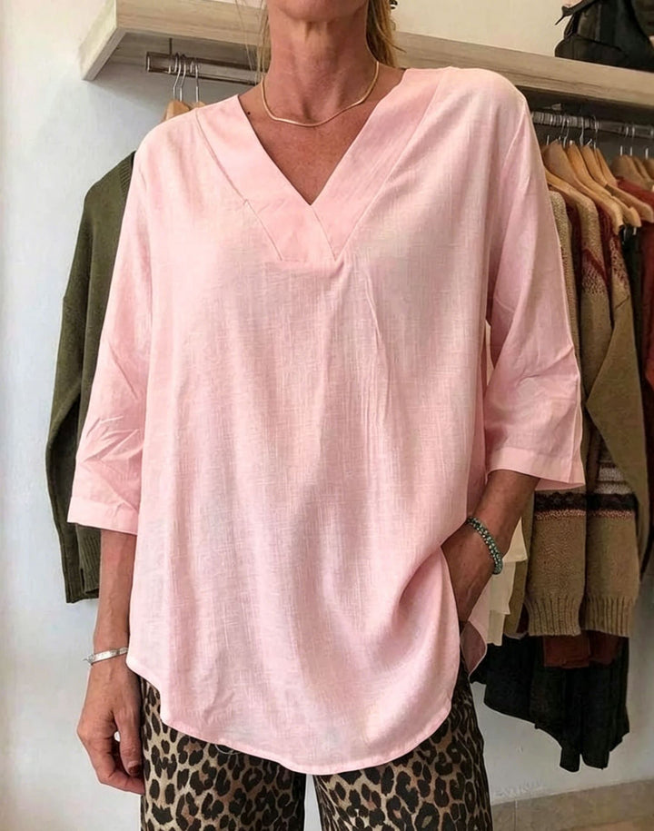 Damen Leichte Oversize V-Ausschnitt Tunika in Leinenoptik mit dreiviertel Ärmeln und abgerundetem Saum – Avérine