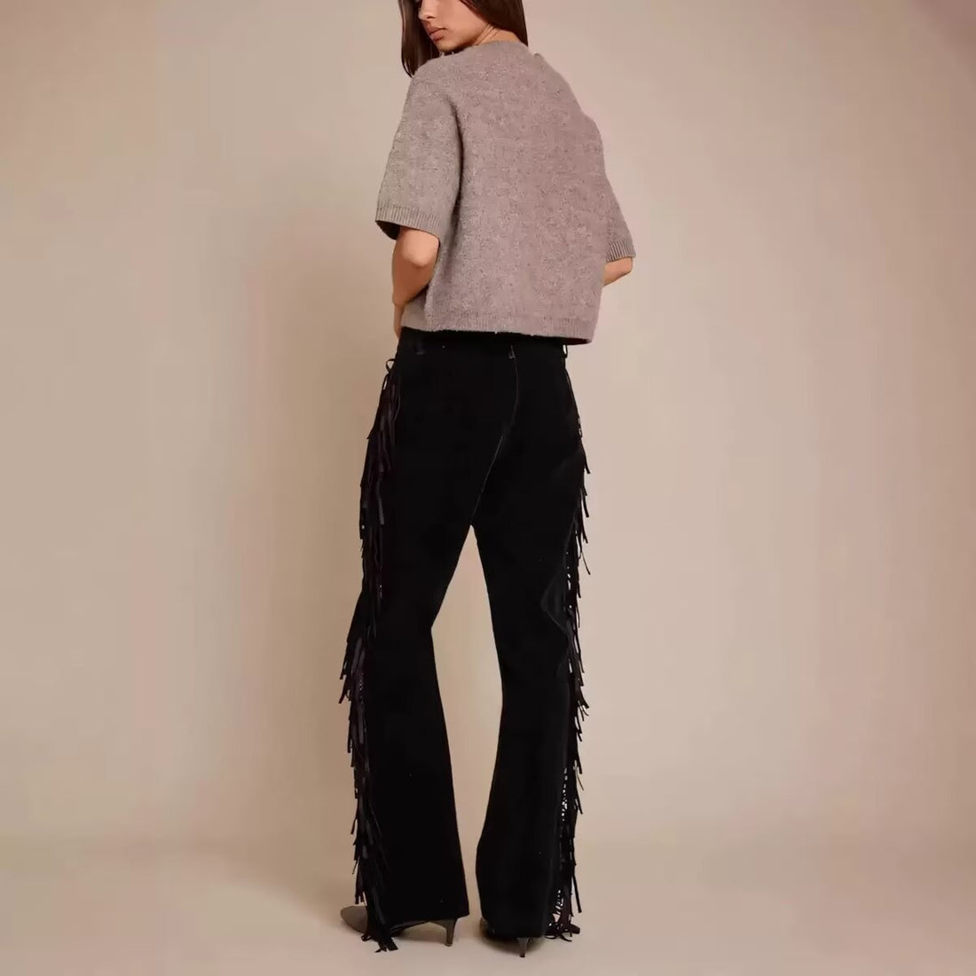 Damen Weite Culotte-Hose mit Fransenbesatz und Veloursoptik Echoarchiv