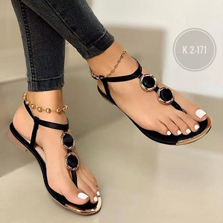 Damen nan elegante T-Steg-Sandale mit mehrteiliger Medaillon-Applikation und verstellbarem Knöchelriemen Echo Archiv