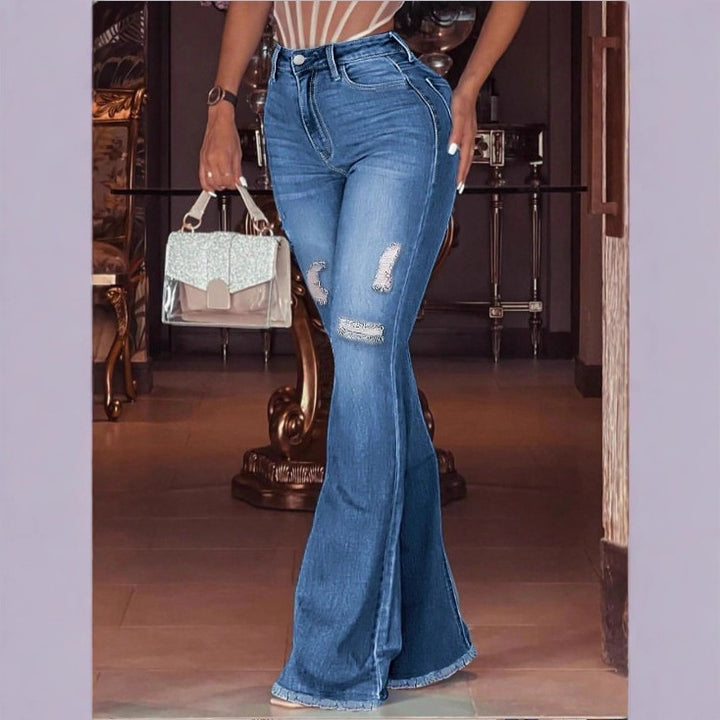 Damen hochgeschnittene Schlaghose aus Stretch-Denim mit ausgestelltem Bein, Knie-Rips und ausgefranstem Saum Echo Archiv