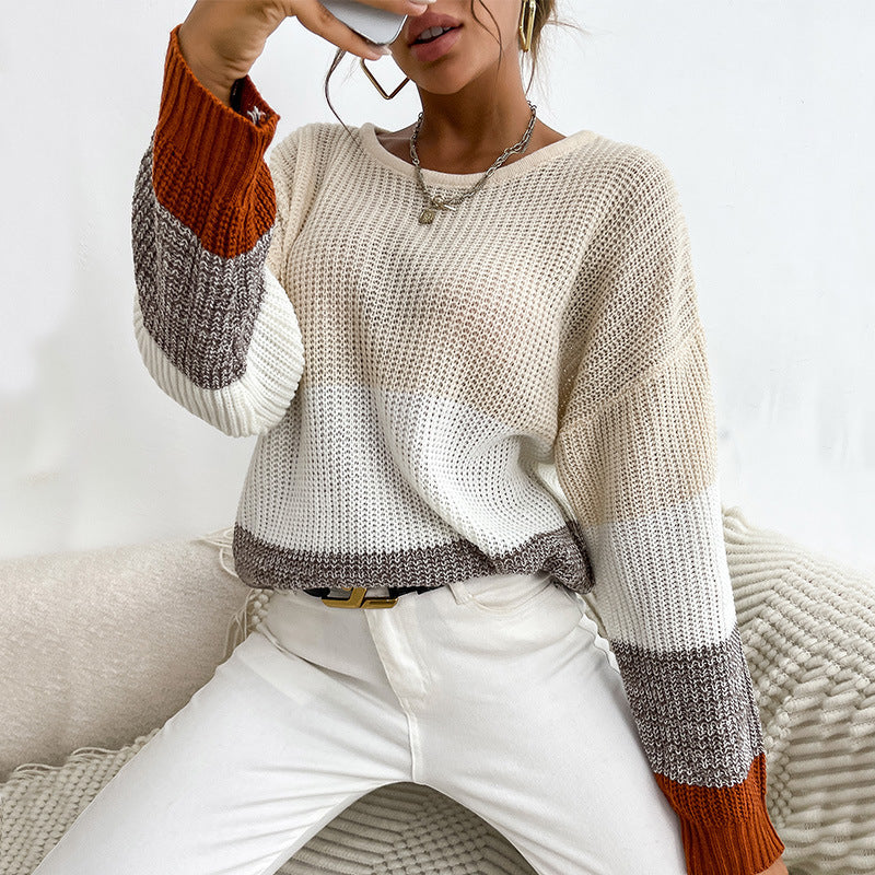 Damen Grobstrick-Colorblock-Pullover, Oversize mit Rundhalsausschnitt und verlängerten Ärmelbündchen Echoarchiv