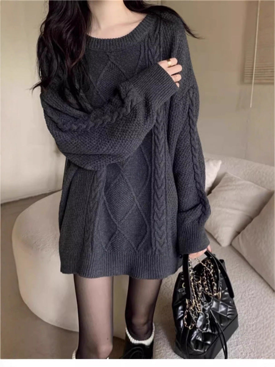 Damen Oversize Zopfmuster-Longpullover mit Rundhals und Ballonärmeln Echoarchiv