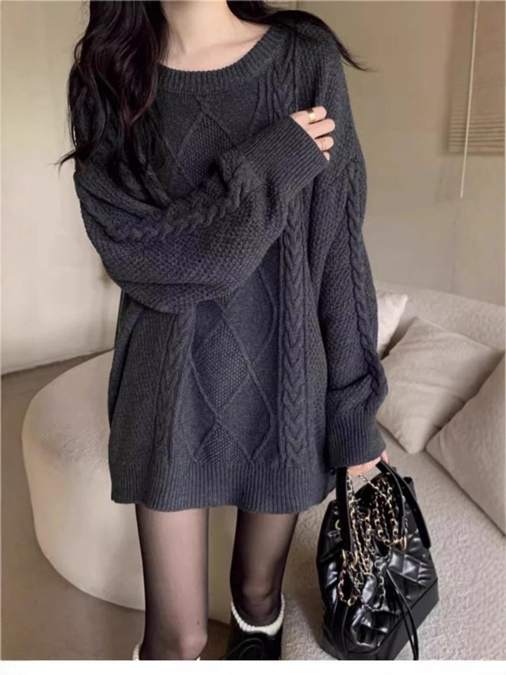 Damen Oversize Zopfmuster-Longpullover mit Rundhals und Ballonärmeln Echoarchiv