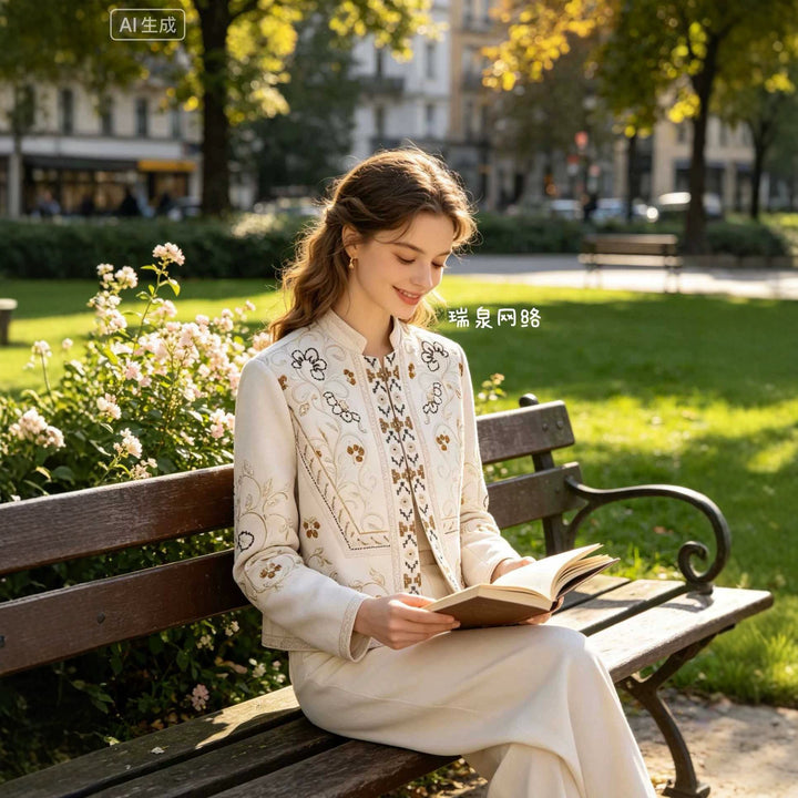 Damen Bestickte Boxy-Jacke mit Stehkragen und floraler Stickerei Echoarchiv