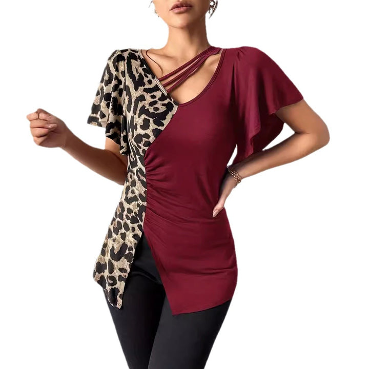 Damen nan asymmetrische Stretch-Tunika mit Leopardenprint-Seiteneinsatz und Mehrfachträgern Echo Archiv