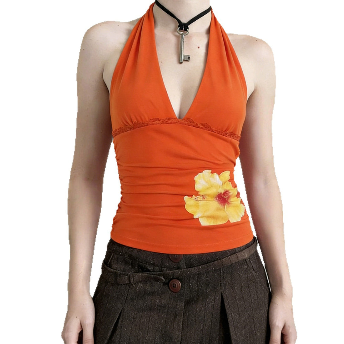 Damen Halter-Tank-Top mit floralem Design und Raffung – Orélia