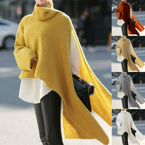 Damen Asymmetrischer Rollkragen-Poncho mit seitlichem Cape-Detail Echo Archiv