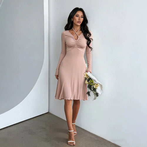 Damen gerafftes A-Linien Midikleid mit gekreuzten Trägern, figurformender Brustpartie und langen Ärmeln – Élara