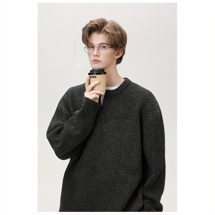 Damen Grobgestrickter Zopfmuster-Pullover mit V‑Ausschnitt und Lagen‑Optik Echoarchiv