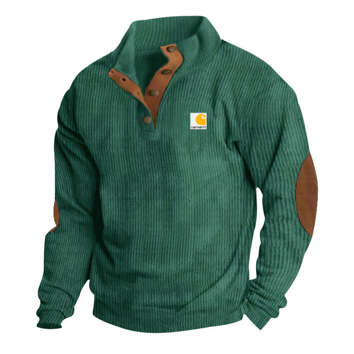 Herren nan Strickpullover im Troyer-Stil mit Stehkragen Lederbesatz Druckknopfleiste und Ellbogen-Patches Echo Archiv