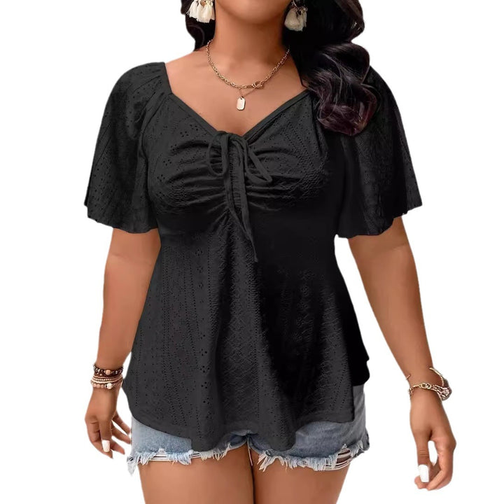 Damen A-Linien Boho-Bluse mit Lochstickerei, Raffung und Bindeband – Élovi
