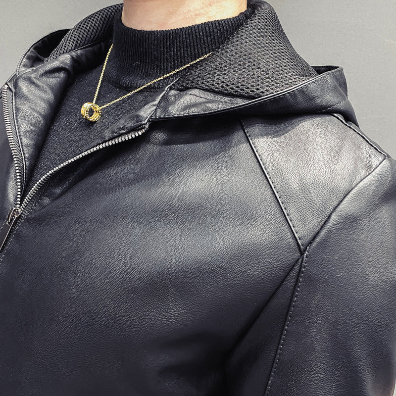 Herren Kapuzen-Lederimitatjacke im Slim‑Fit mit Reißverschluss und Raglanärmeln – Valtoré