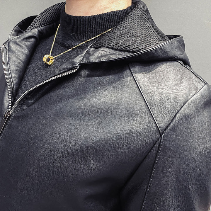 Herren Kapuzen-Lederimitatjacke im Slim‑Fit mit Reißverschluss und Raglanärmeln – Valtoré