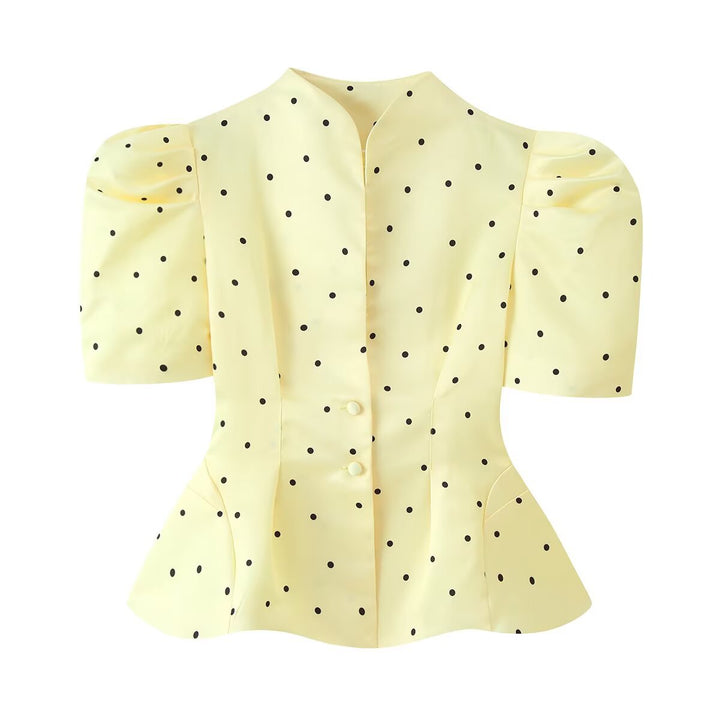 Damen Polka-Dot Bluse mit Stehkragen, Puffärmeln und tailliertem Schößchen Echo Archiv